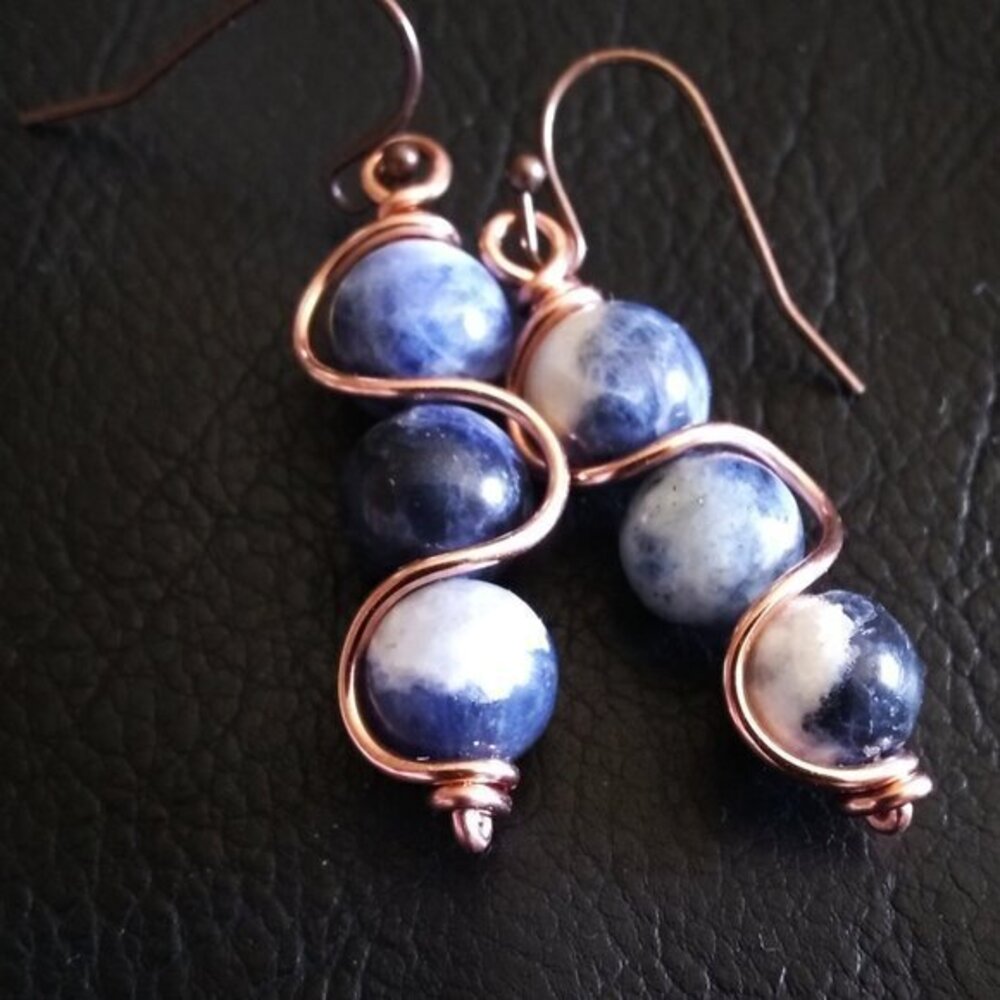 Handmade! Blue Sodalite w. Copper Wire Wave Wrap Dangle Earrings 4 Jeans Lovers